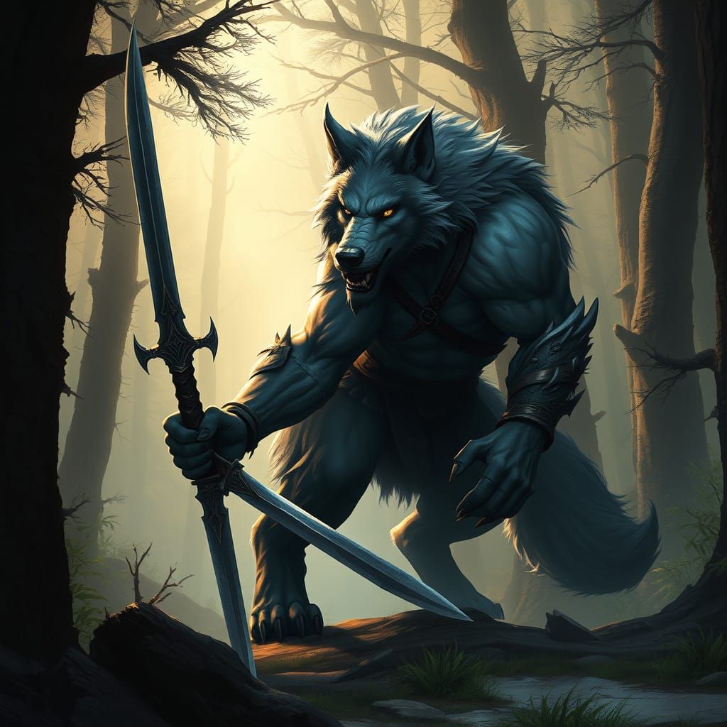 Epic Wolf Warrior in Dark Fantasy Woodland