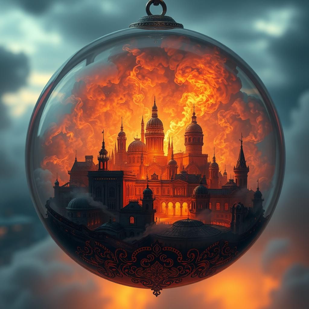 Cityscape Engulfed in Flames Inside Glass Ball