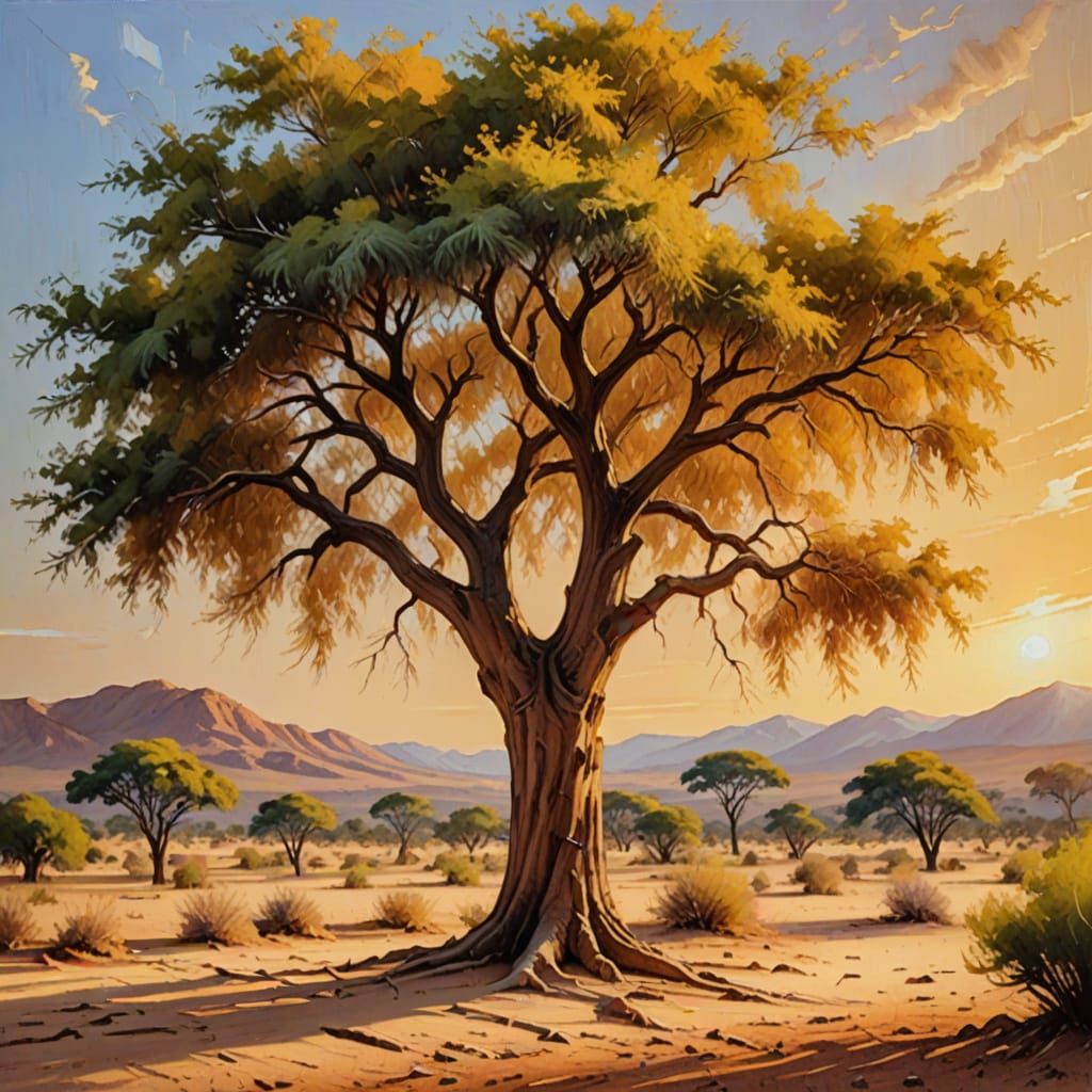 Acacia Tree in Desert: Impressionist Oil Painting
