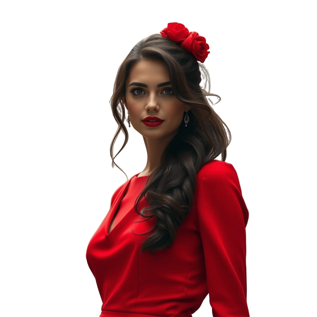 European Woman in Red Dress with Business Background