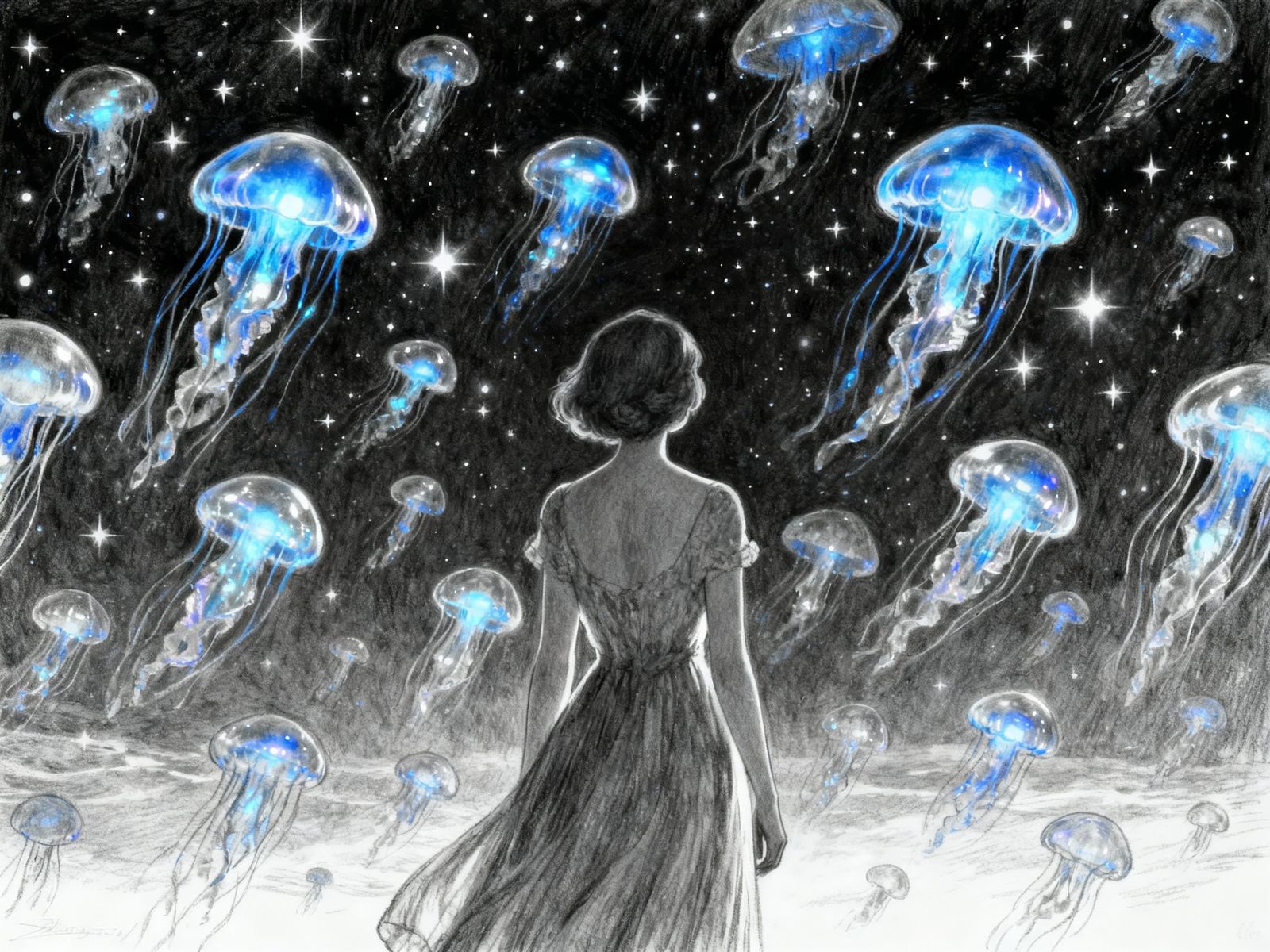 Ethereal Dreamer Gazes at Bioluminescent Jellyfish Sky