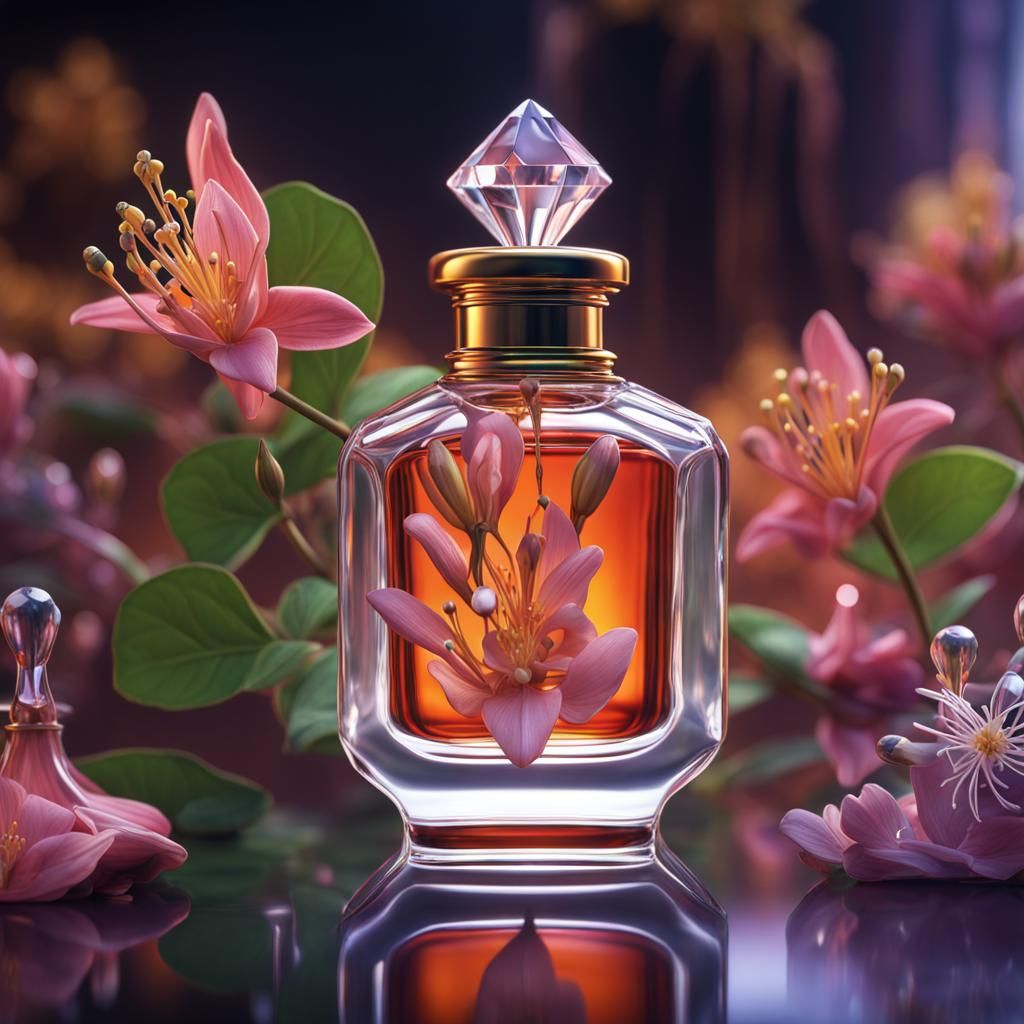 Honeysuckle Flower and Crystal Perfume Bottle Art