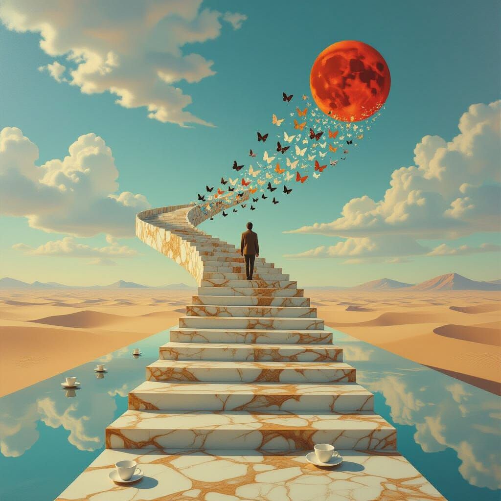 Surreal Desert With Clock-Faced Figure and Mirror Butterflie...