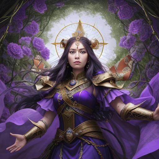 Tarot card Priestess, in the background a deck of cards has a magical purple and gold cover, the Priestess is depicted a...