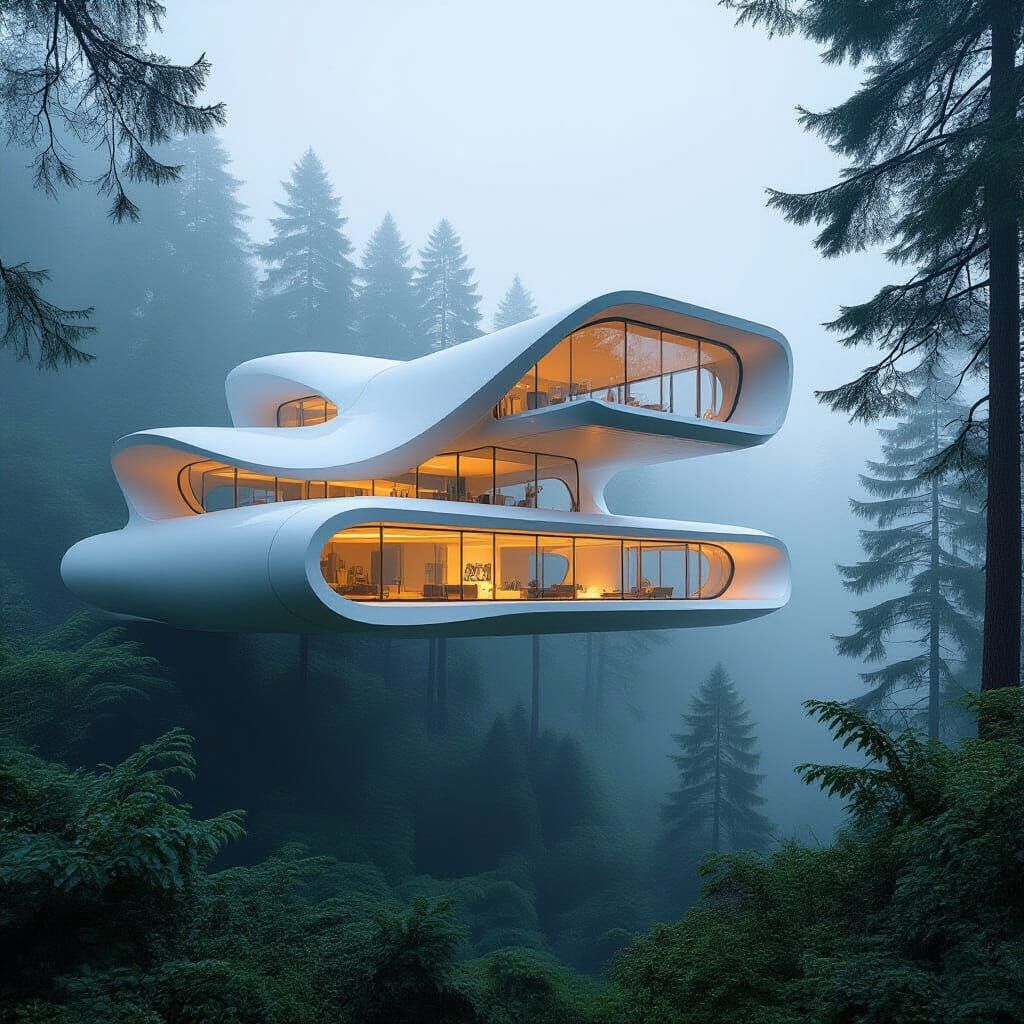 Futuristic House Suspended Above Lush Forest