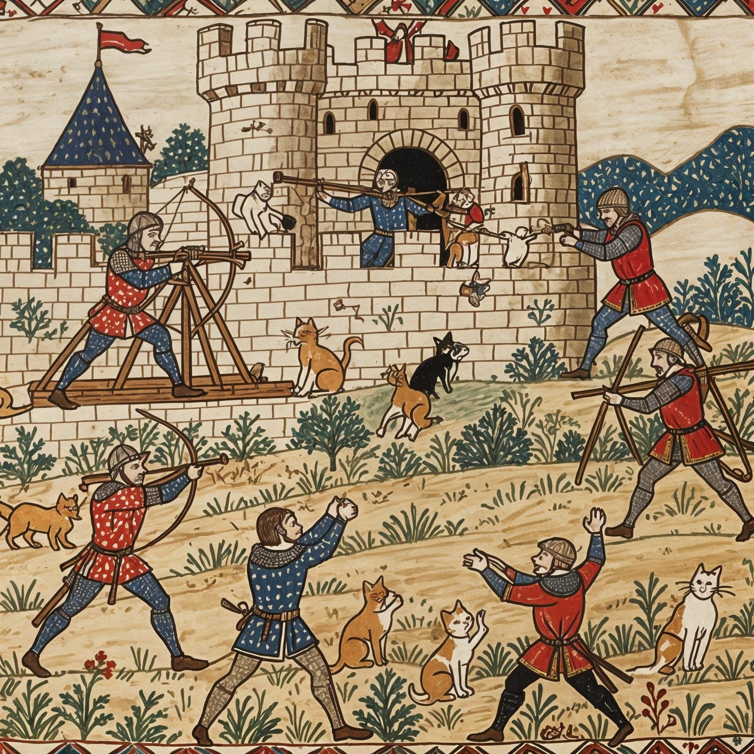 Medieval Soldiers Catapulting Cats in Bayeux Tapestry Style