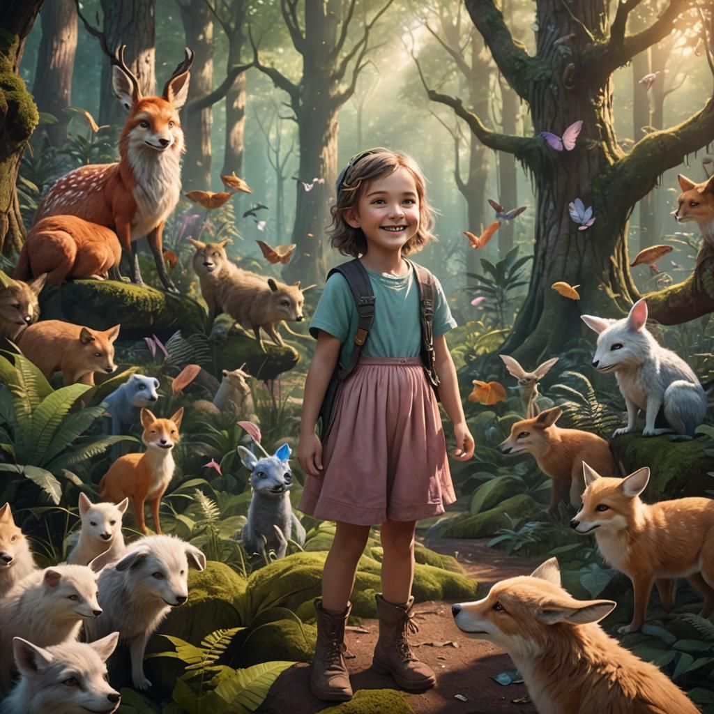 Child Surrounded by Loving Animals in Fantasy Forest