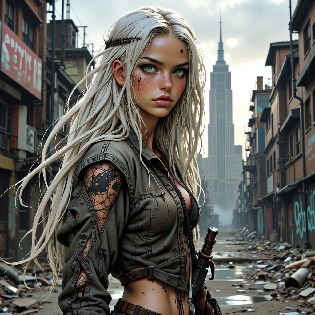 Rebellious Woman in Dystopian Cityscape