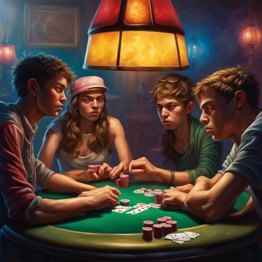 Hyperrealistic Teens Playing Poker in Splash Art Style