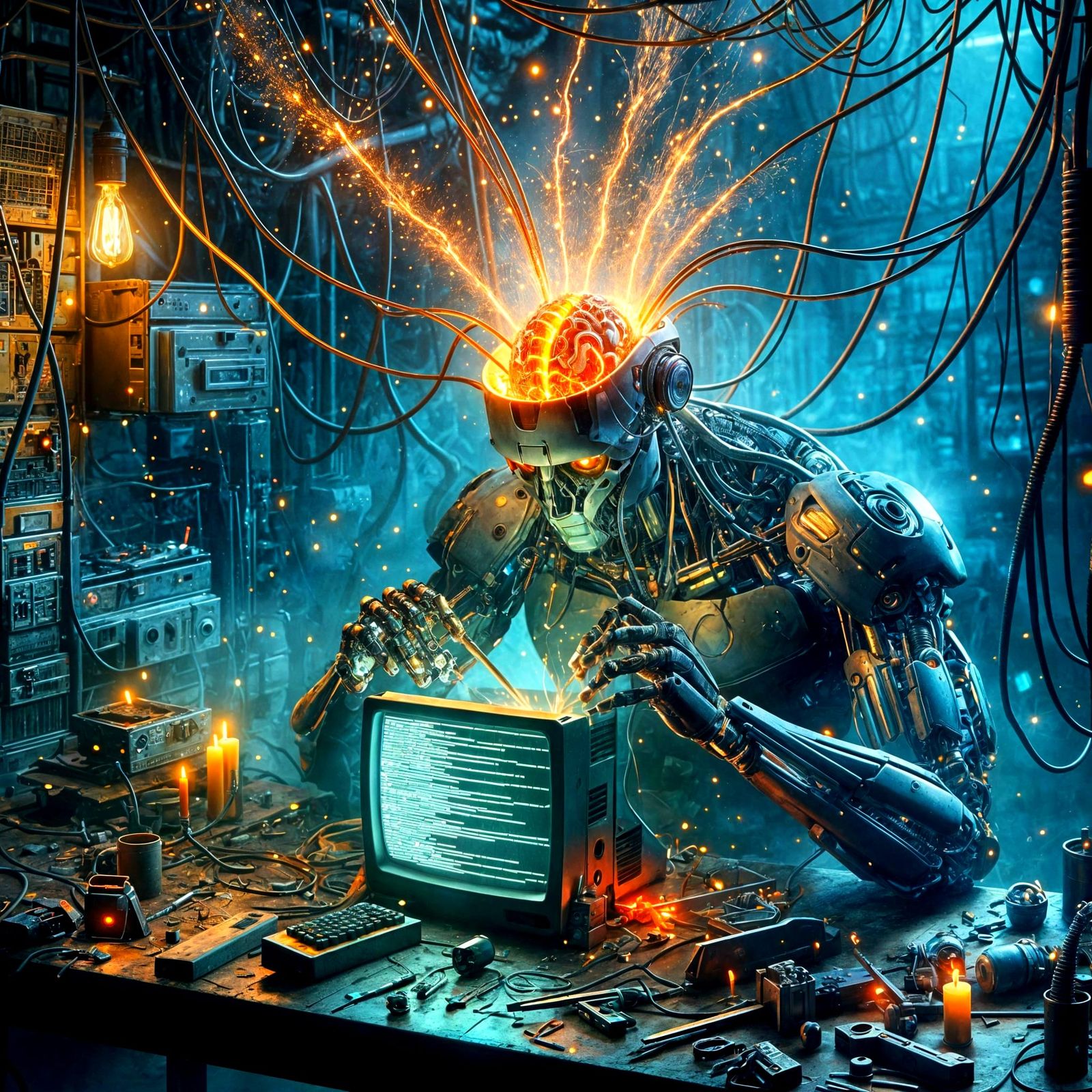 Cyberpunk Cyborg Brain Sparks in Dim Workshop