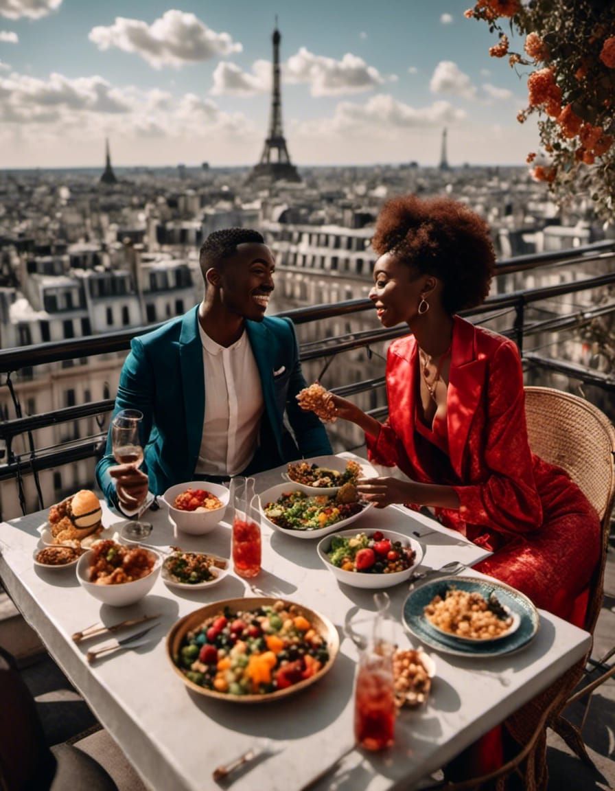 Paris Rooftop Lunch: African Couple in Vibrant Style