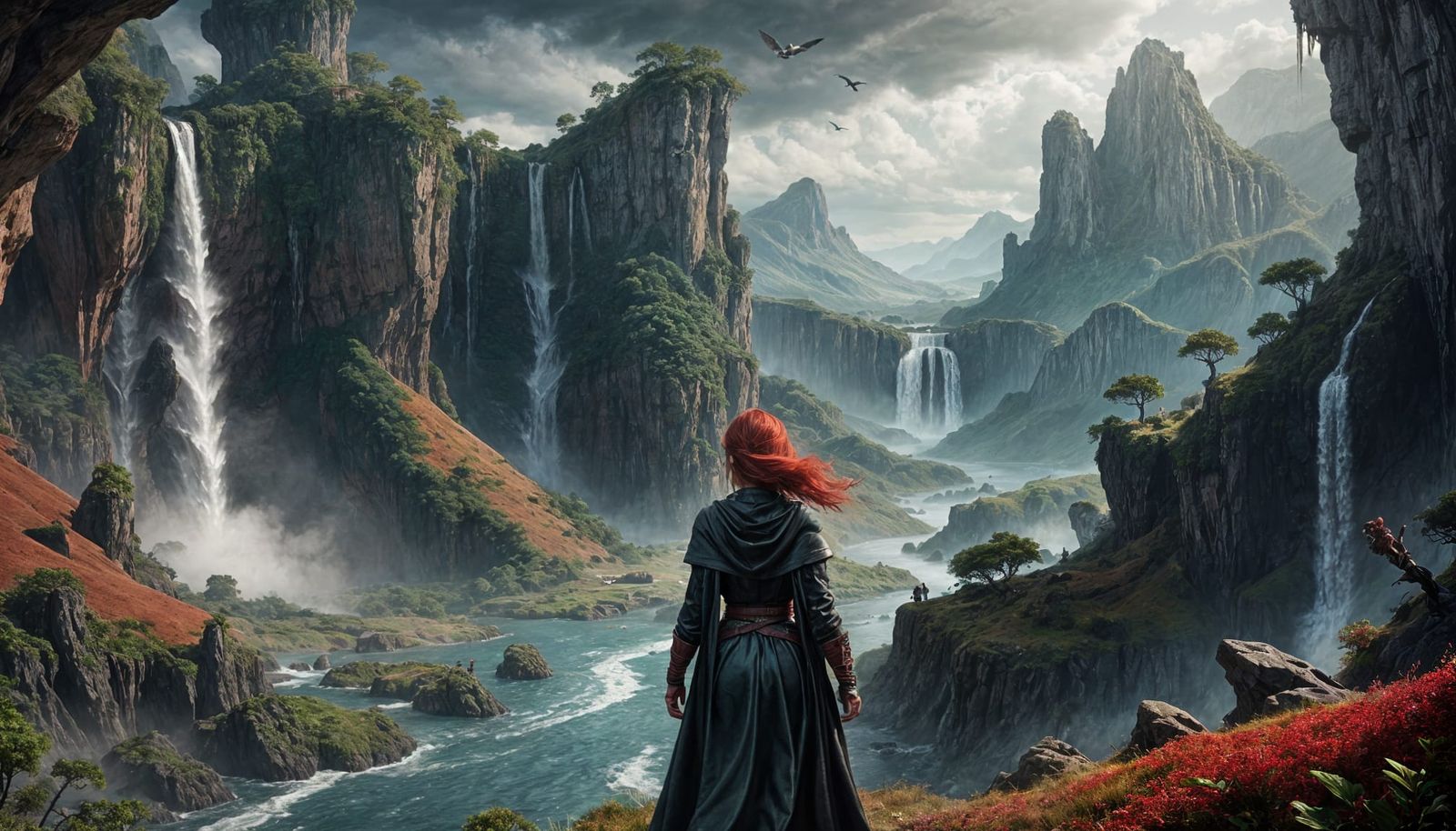 Red-Haired Adventurer in Vast Fantasy Valley