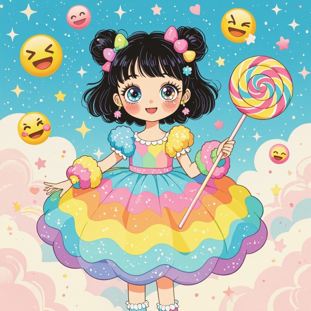 Whimsical Girl with Candy Staff and Rainbow Cloud Dress