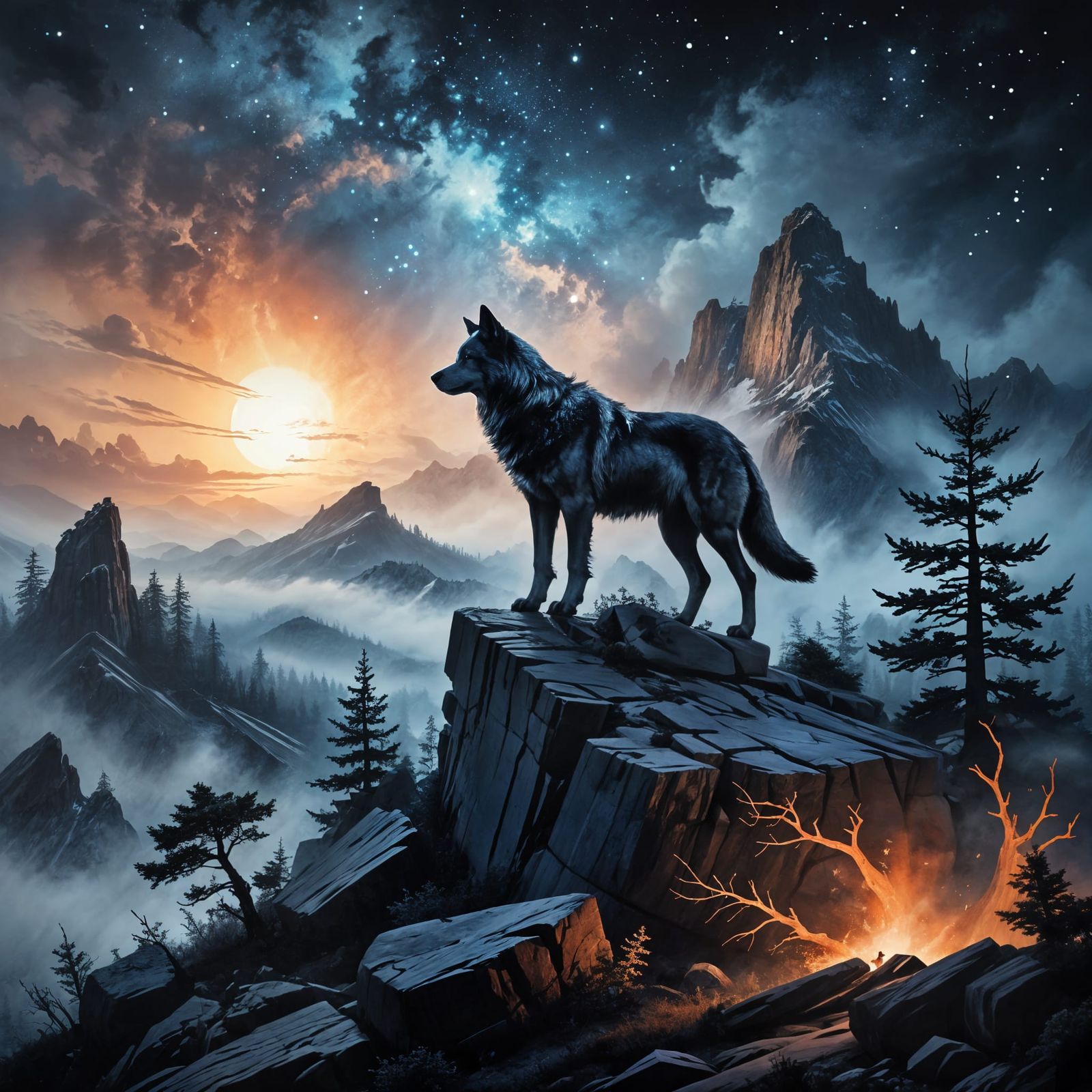 Midnight Wolf Gazing at Starry Nebulae in Chinese Ink Wash S...