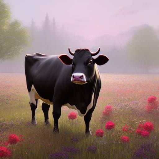 Cow Surrounded by Flowers in Gloomy Meadow