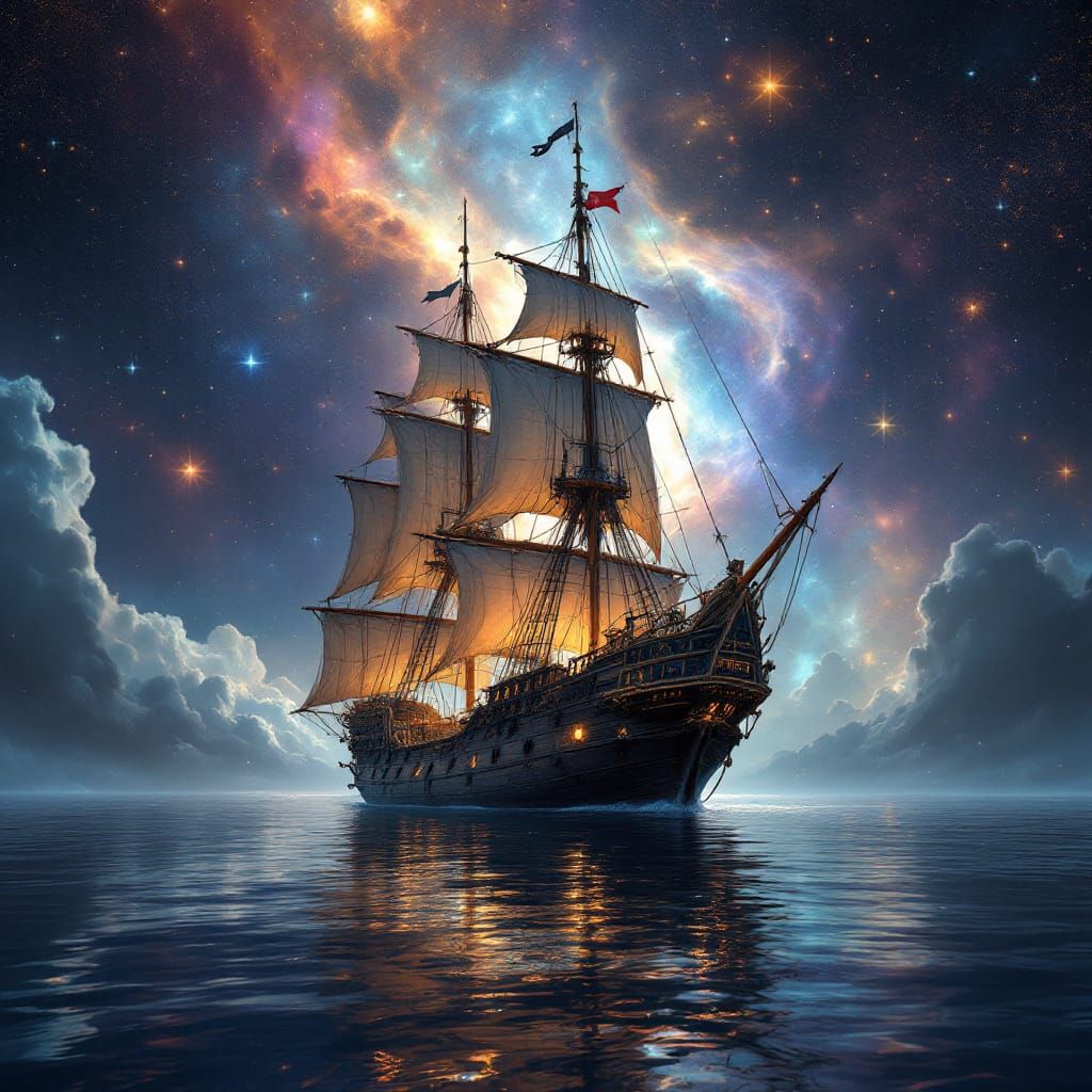 Pirate Ship Sailing Through Cosmic Stardust Nebula