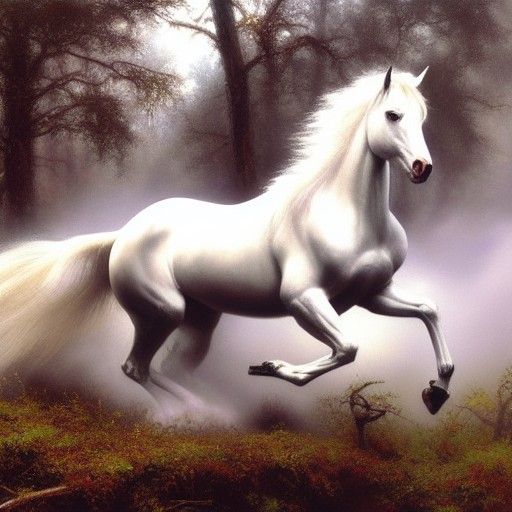 White Stallion Runs Through Mossy Forest