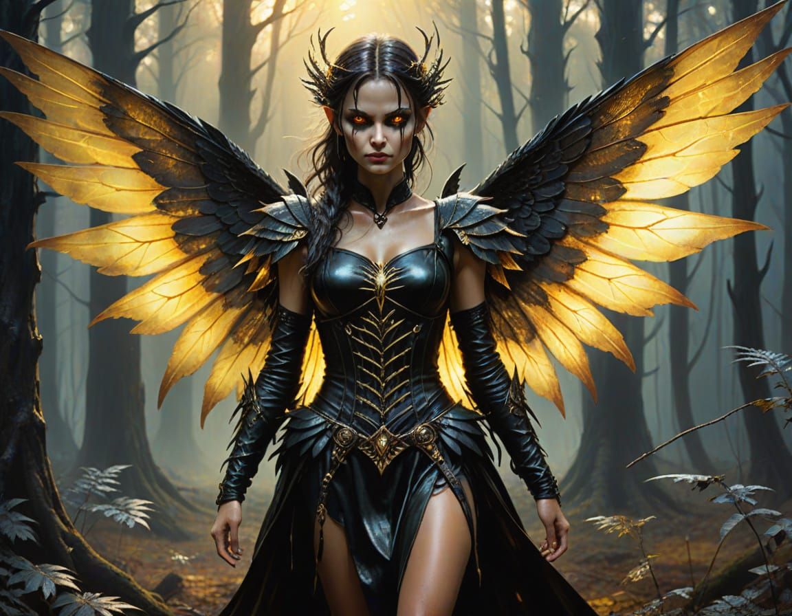 Dark Fairy in Mystical Forest, Impressionistic Oil Painting