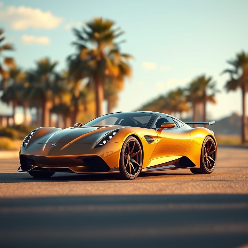 Sleek Gold Sports Car on Sun-Kissed Road