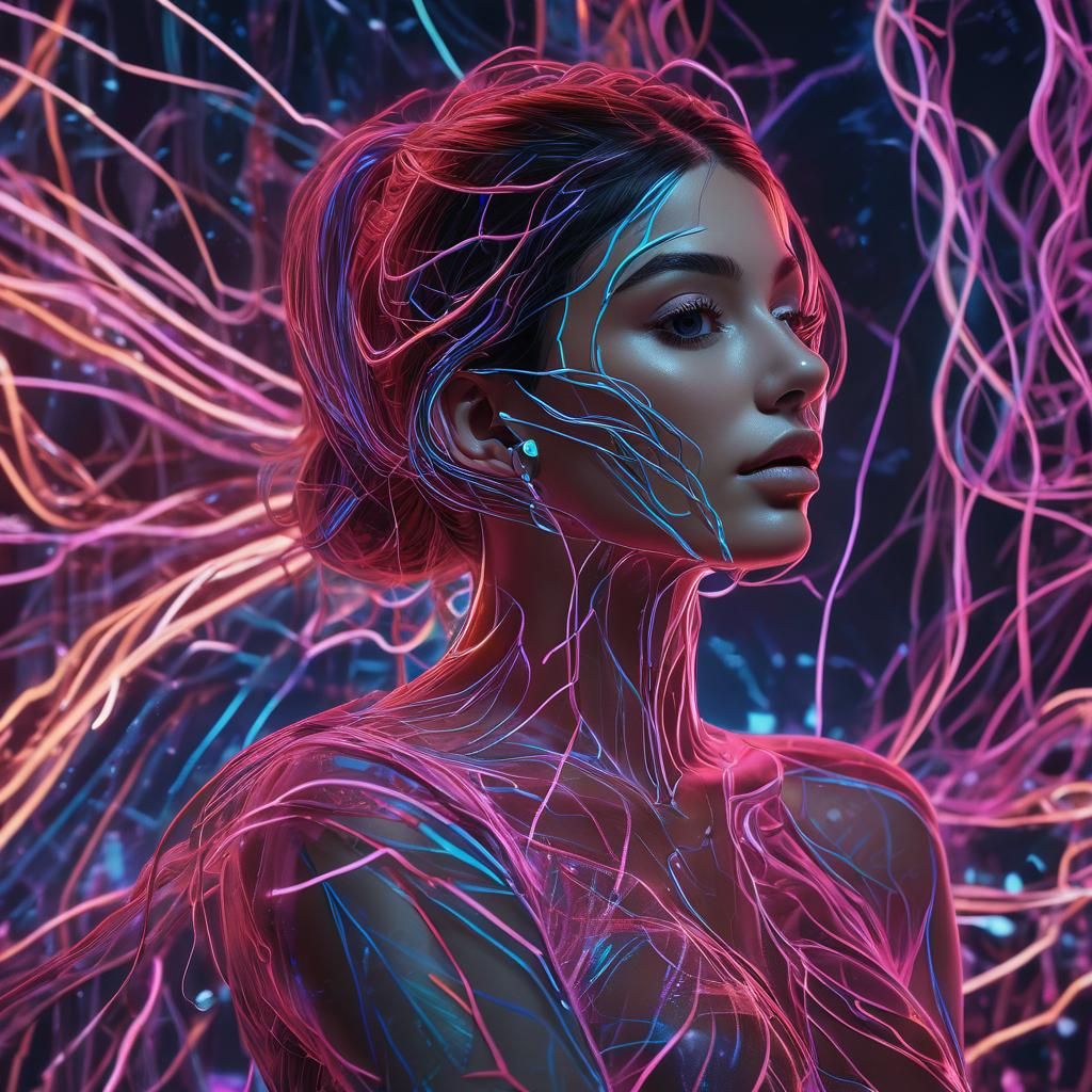 Glowing Kylie Jenner Portrait in Neon Outline Style