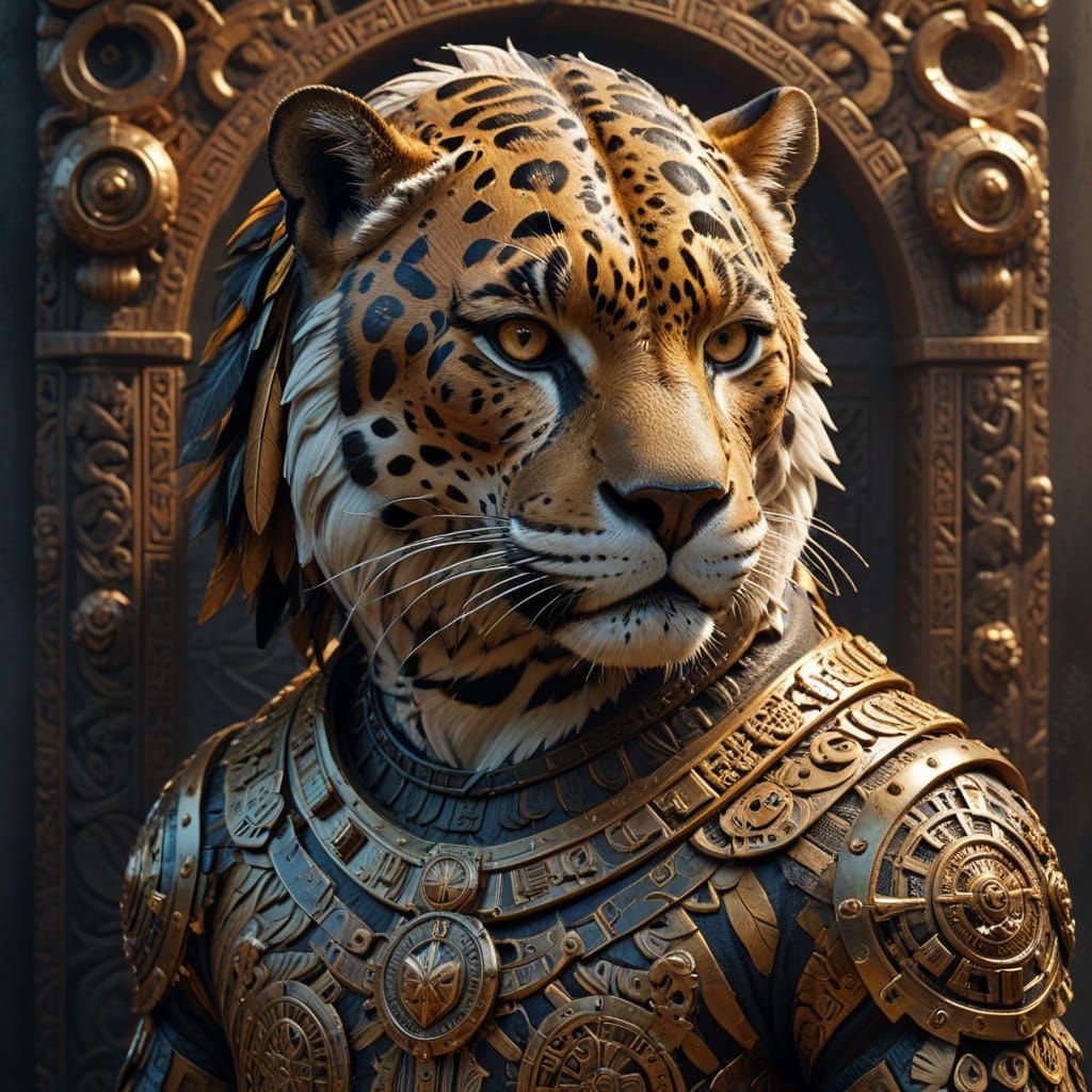 Majestic Jaguar Warrior Coat of Arms in Hyperrealistic Aztec...