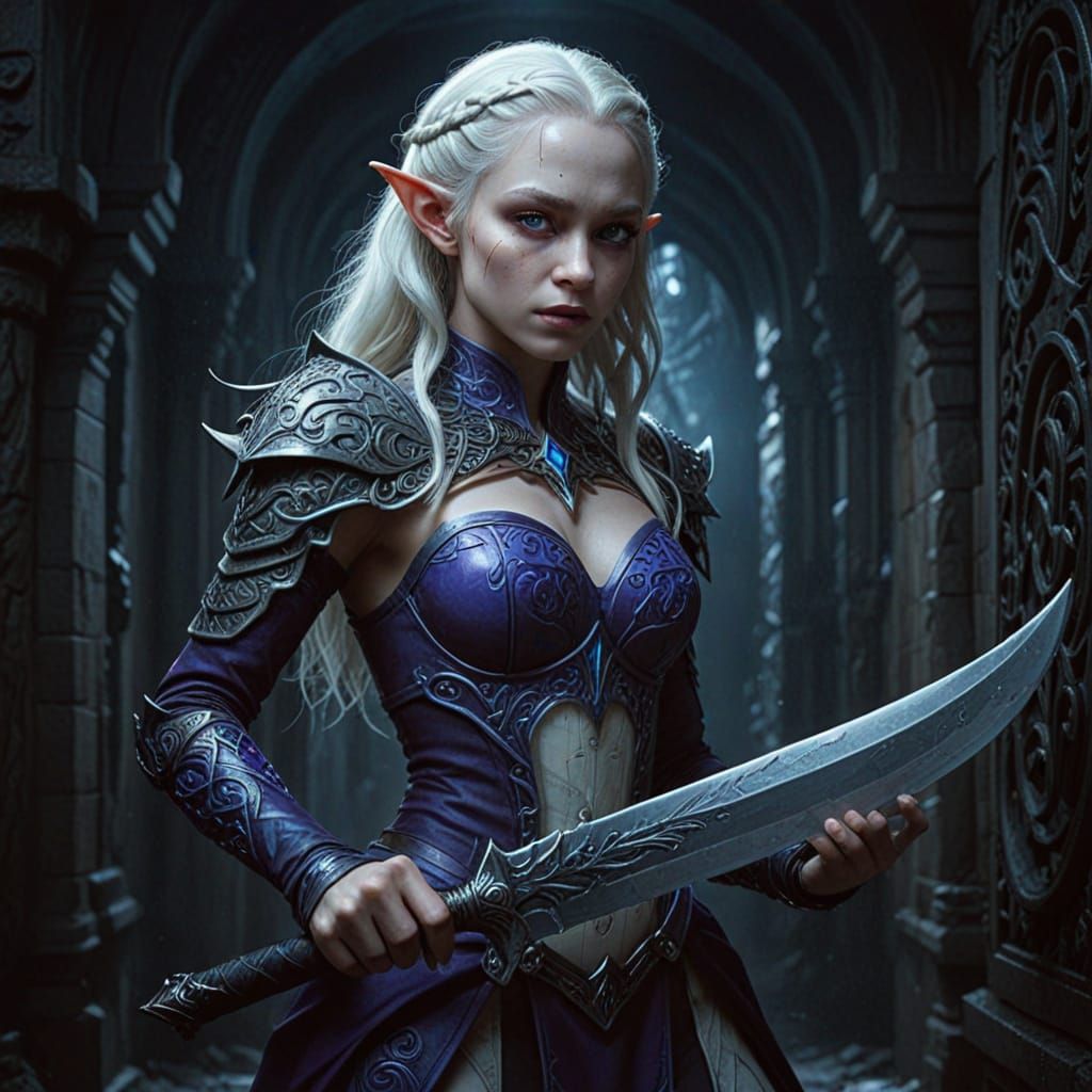 Albino Elf in Lost Corridor: Fantasy Art