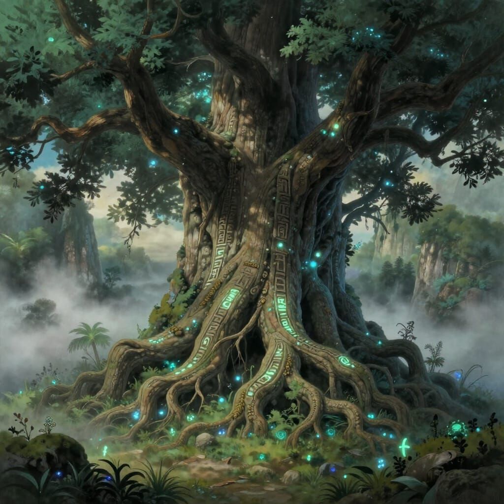 Ancient Rune Tree in Misty Valley