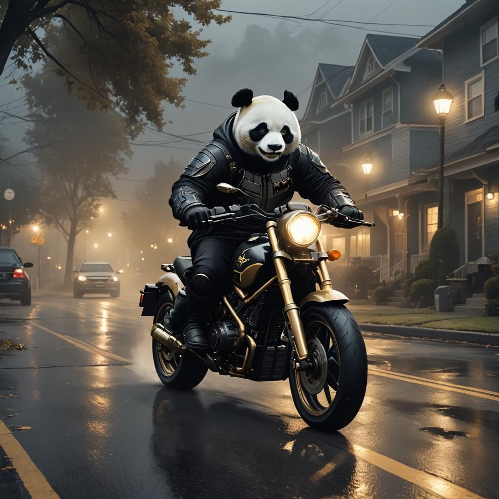 Panda bear in a Batman costume, riding a black and gold moto...