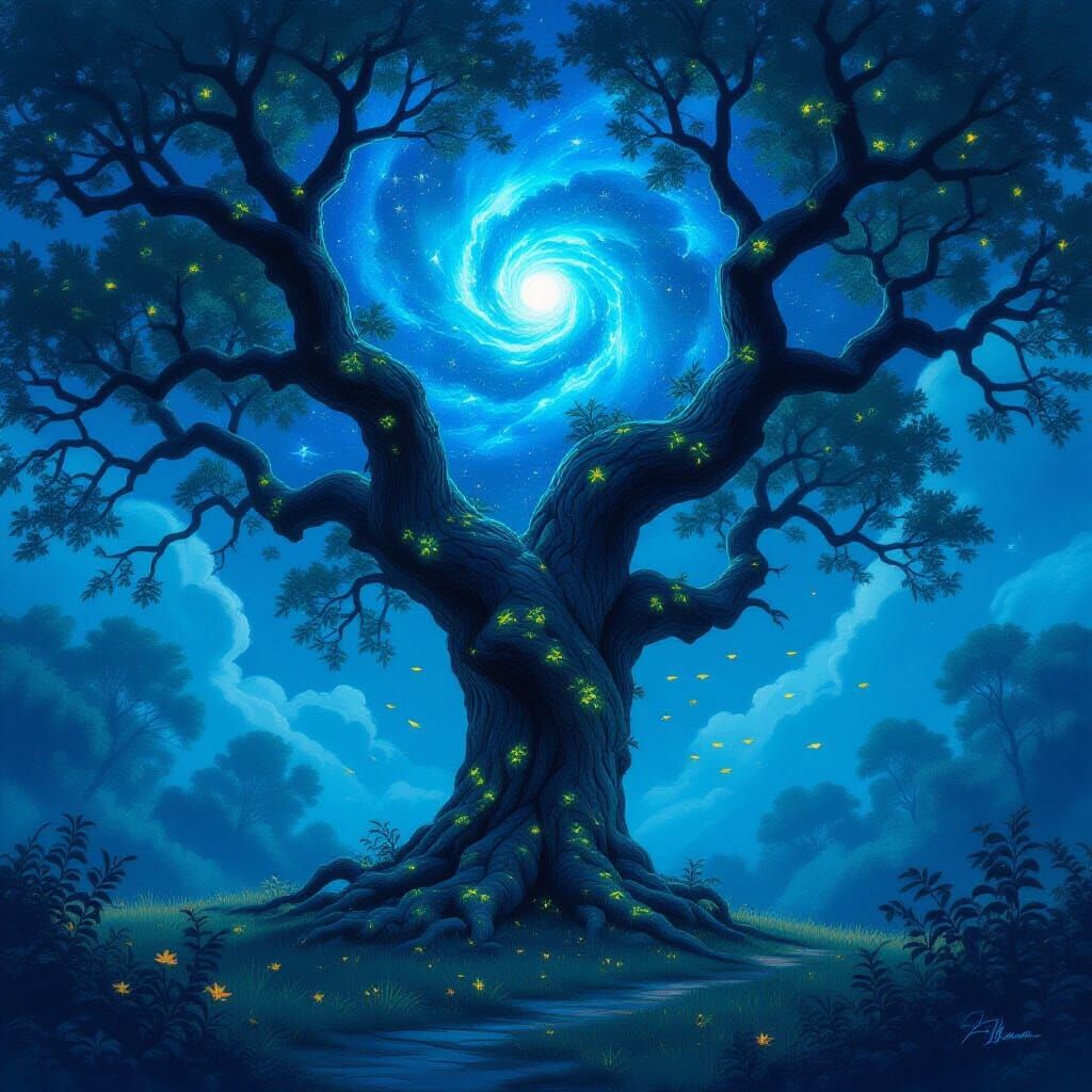 Cosmic Tree Under Ethereal Nebula