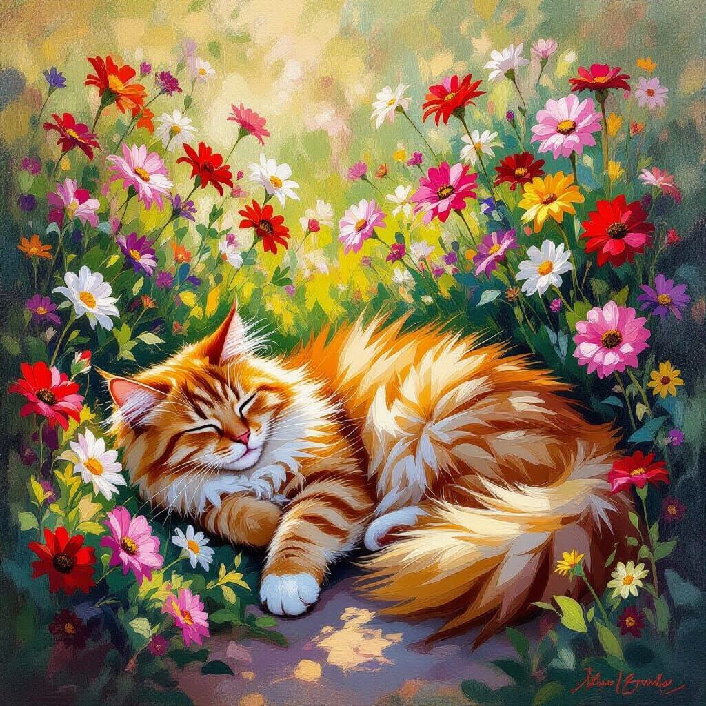 Fluffy Orange Cat Napping in Vibrant Monet-Inspired Garden