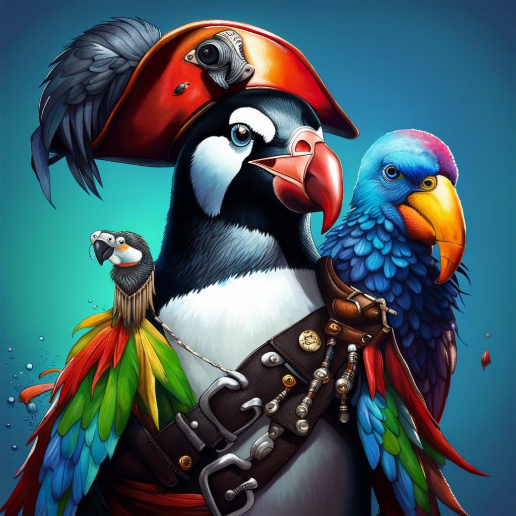 Hyperrealistic Pirate Penguin with Parrot