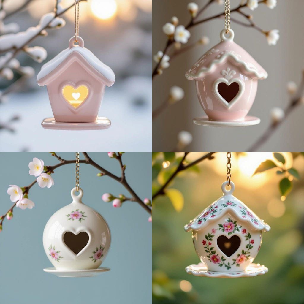 Delicate Pink Porcelain Birdhouse with Heart Cutout Hanging