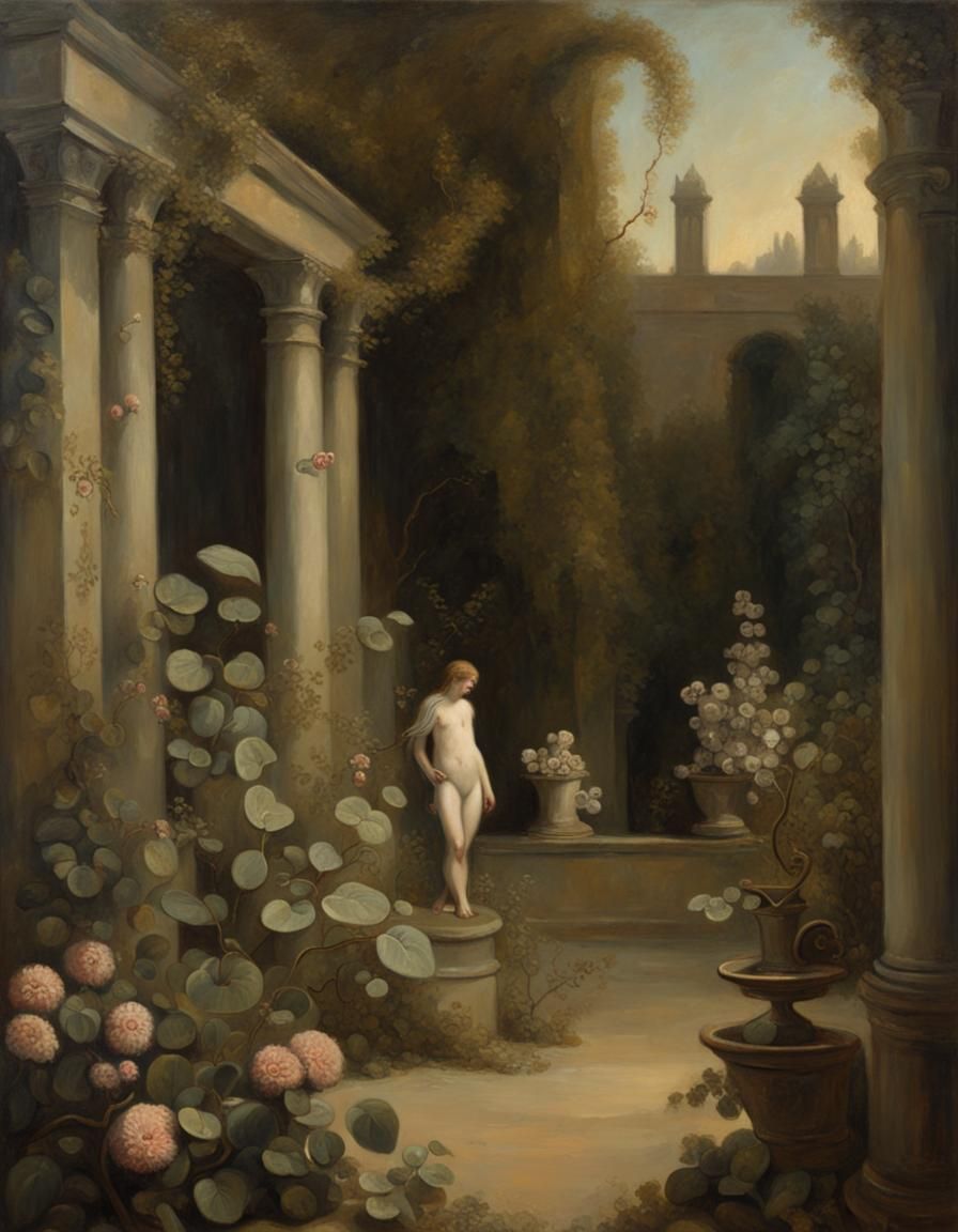 Rococo Garden Scene with Gargoyle as Oil Painting