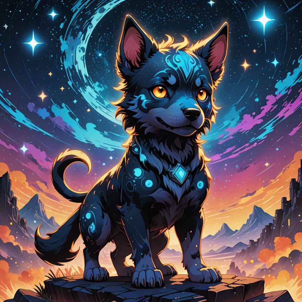 Vibrant Chibi Hellhound Radiates Ethereal Glow