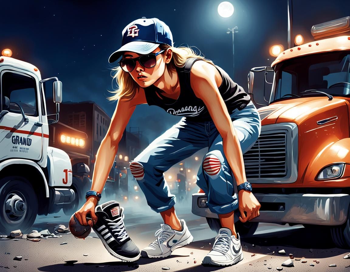 Woman Dominates Opponent at Night, Sinister Art Style