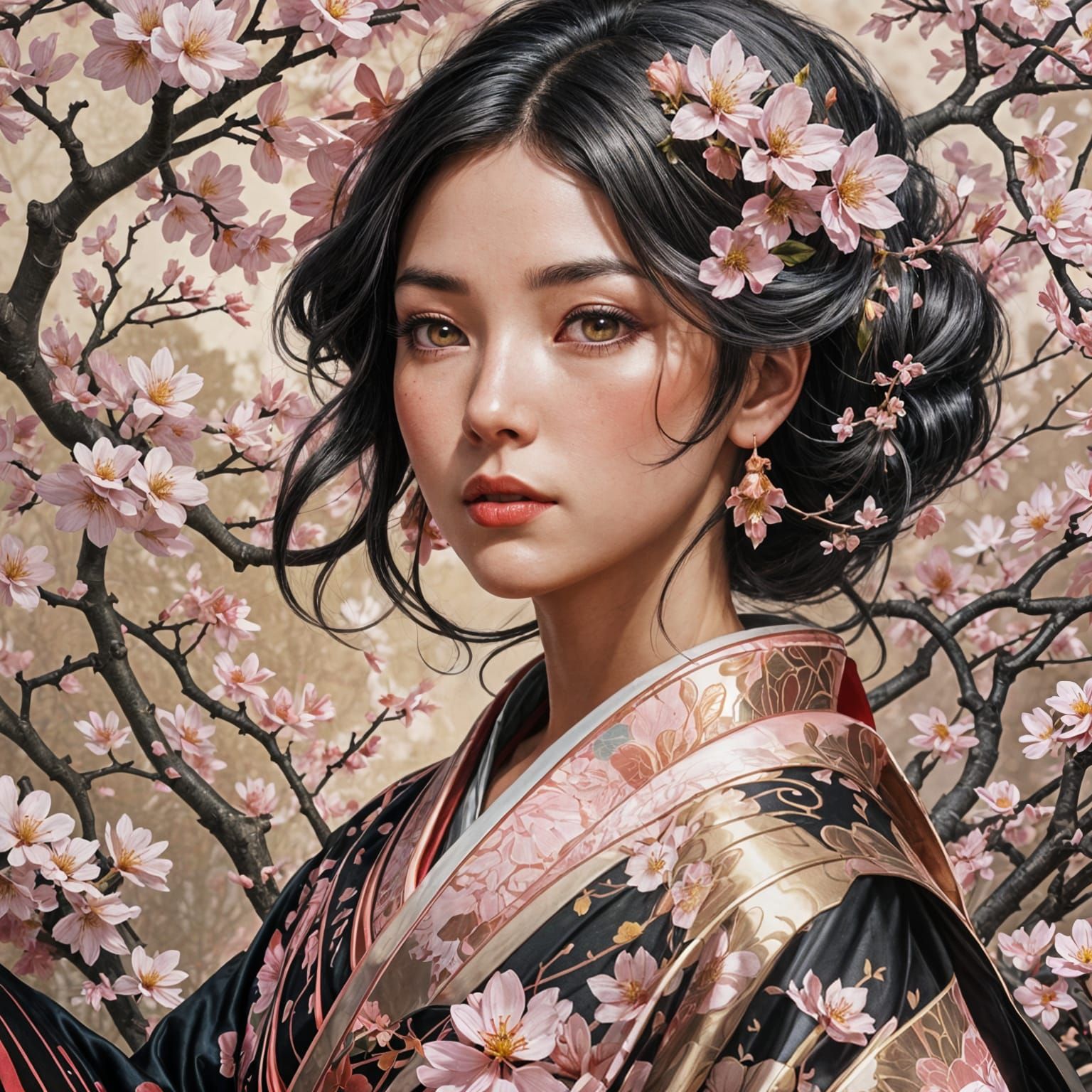 Beautiful Woman Surrounded by Cherry Blossoms: Digital Portr...