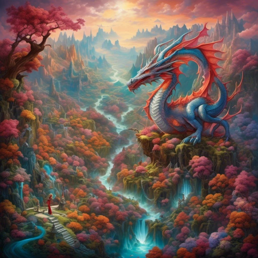 Dreamlike Valley: Woman and Dragon in Vivid Painting