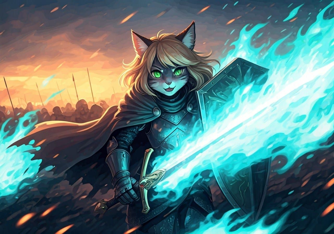 Fantasy Cat Knight in Cyberpunk Anime Style