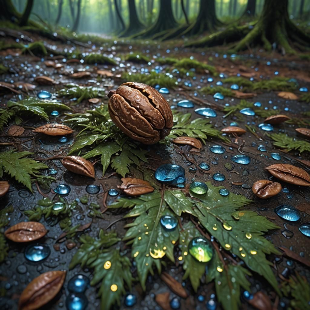 Macro Pecan Reflects Forest Light as Matte Painting