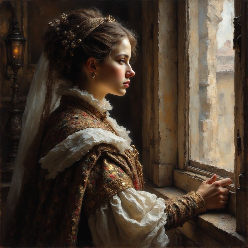 Young Woman in Rembrandt Style with Golden Light