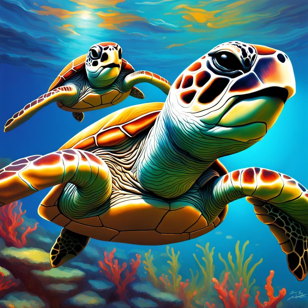 Hyperrealistic Baby Sea Turtles in Splash Art Style