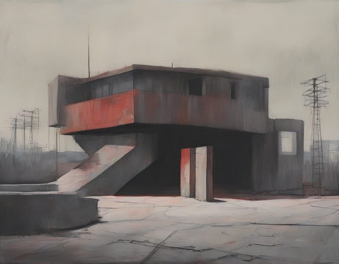 Two-Faced Figure in Brutalist Maze, Dark Expressionism