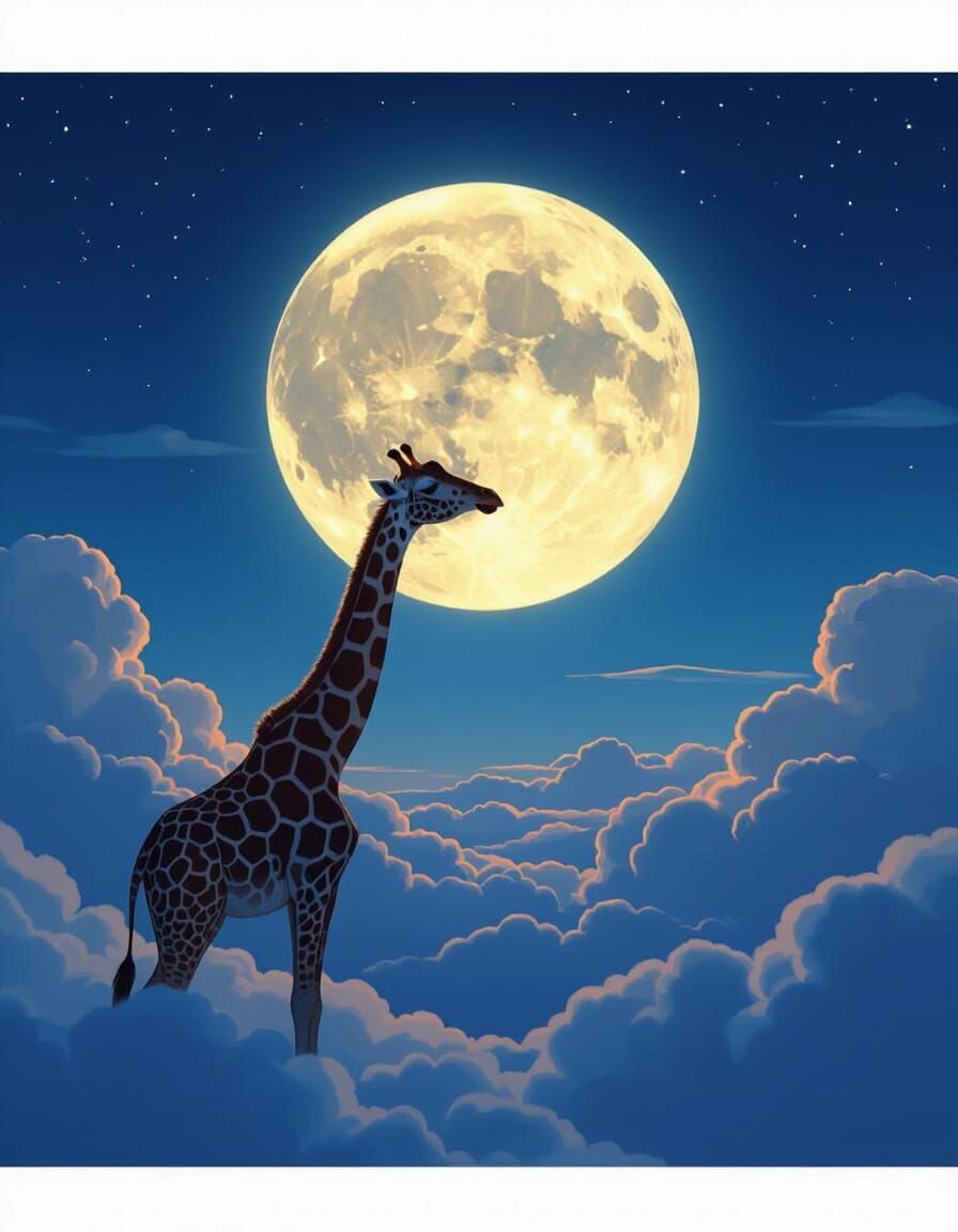 Giraffe Nibbling Moon in Dreamy Digital Painting