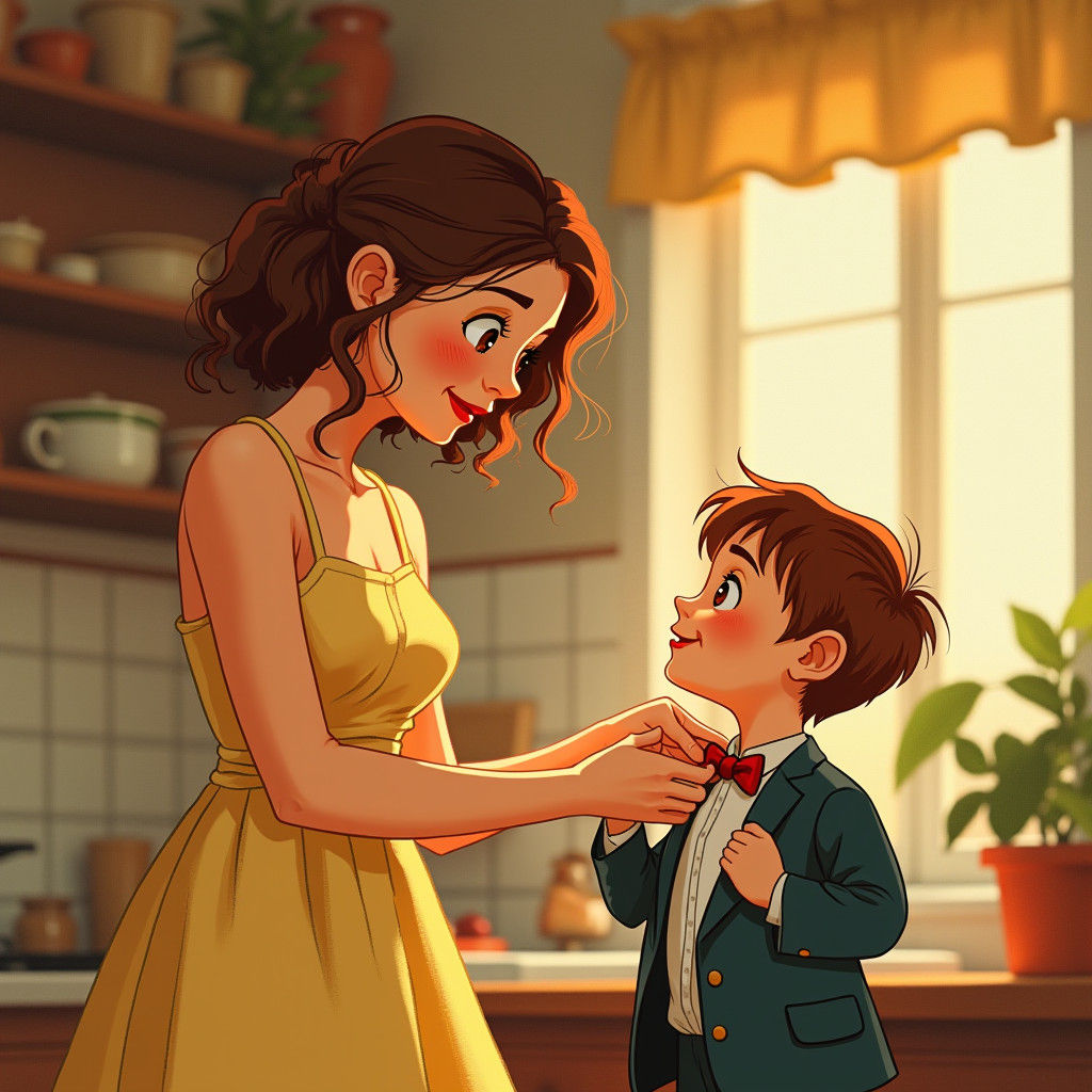 Tying the Bow: A Mother-Son Moment in Digital Illustration