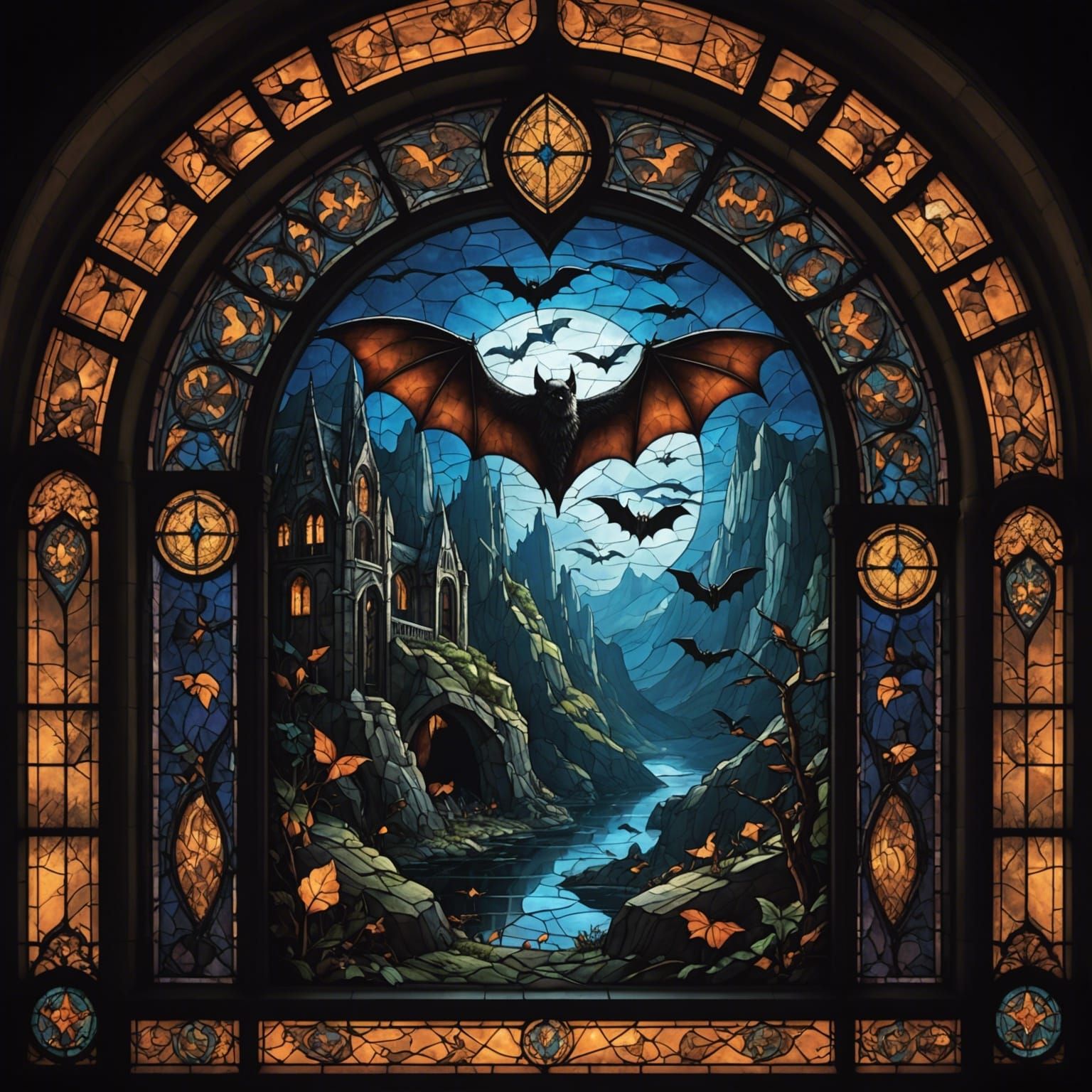 Stained Glass Window with Bats: Digital Matte Painting