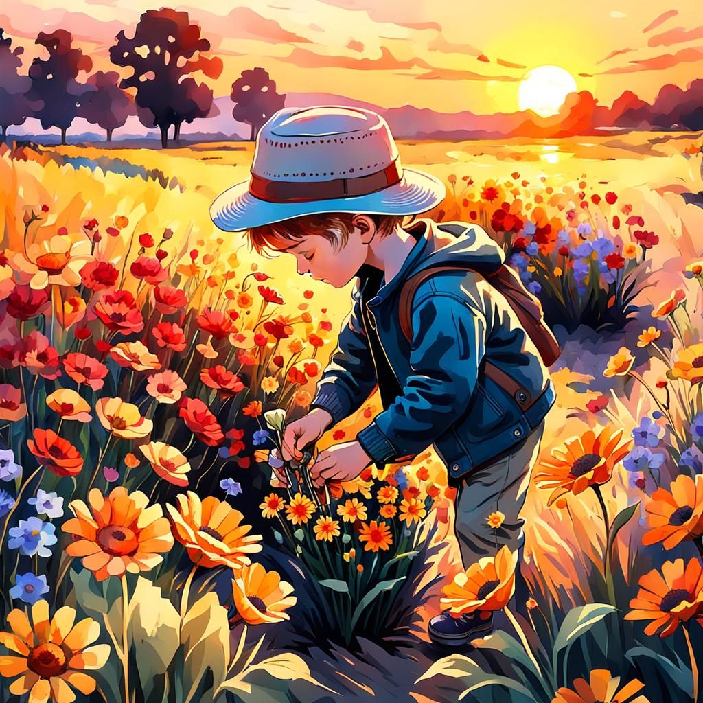 Boy in Hat Picks Sunset Flowers: 3D Render