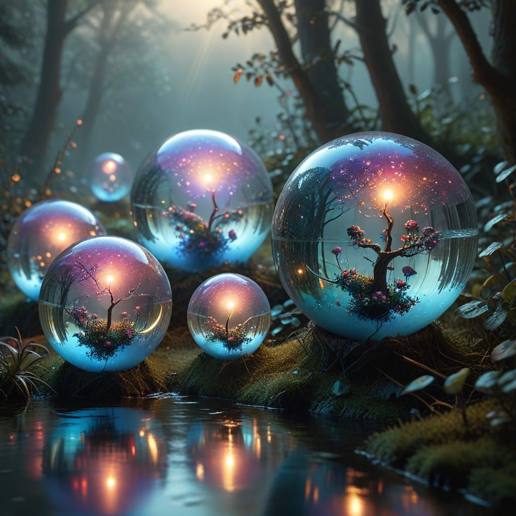 Ethereal Glass Globes in Misty Fantasy Landscape