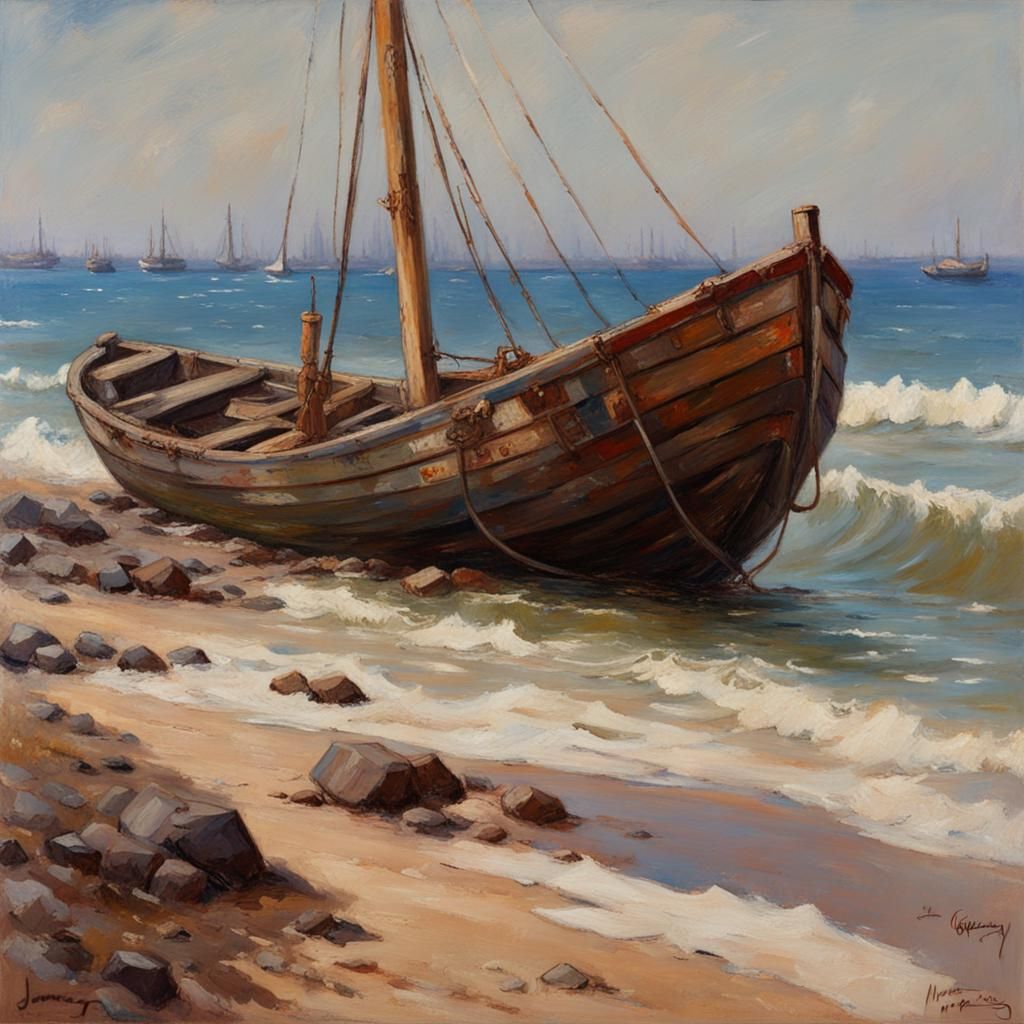 Seaside Landscape with Resting Boats in Oil Paint Style