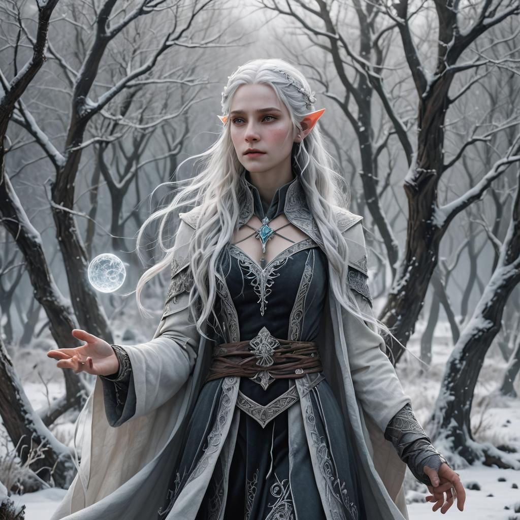 Elf Wizard Casting Spells in Frozen Wilderness