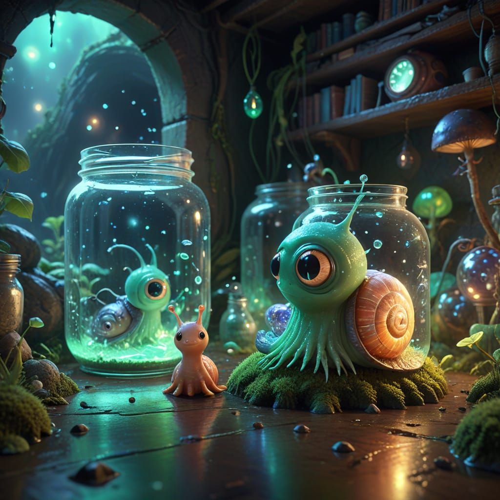 Sad Alien Snail in Sci-Fi Lab, Ghibli-Pixar Style